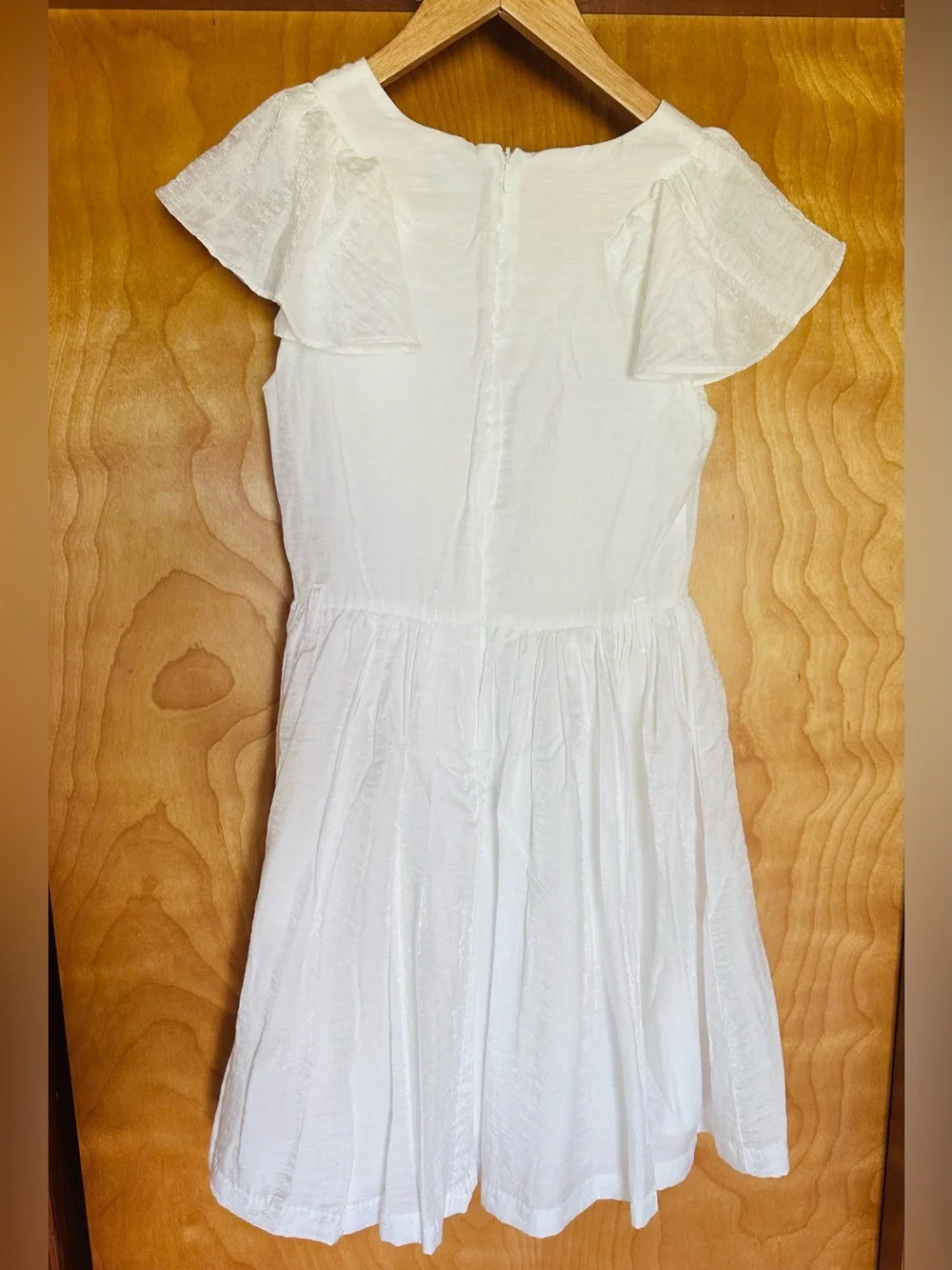 Girls' White Cotton Blend Dress with Flutter Sleeves